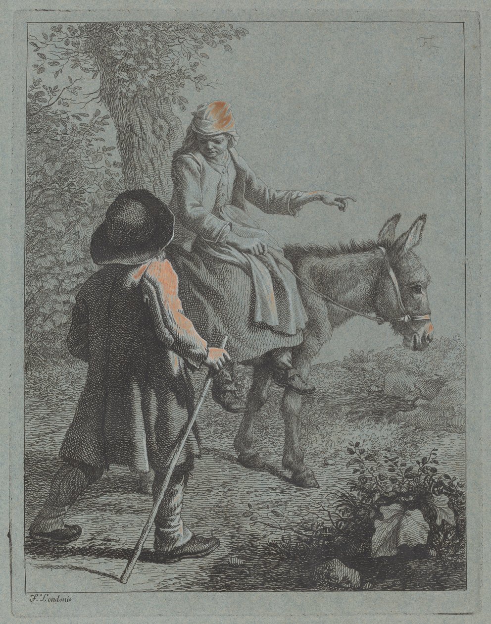 Peasant Woman Seated on a Donkey and a Peasant Man by Francesco Londonio