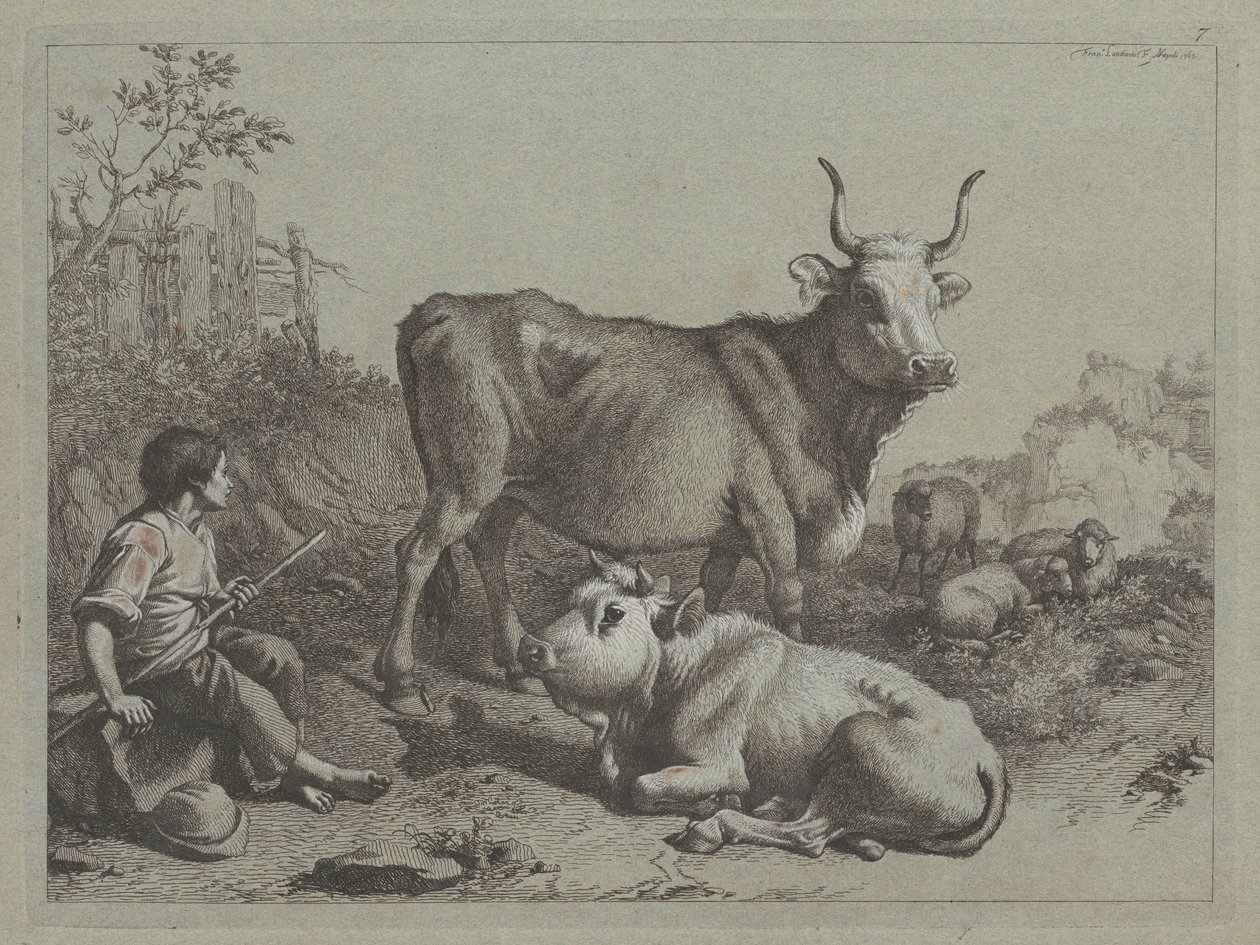 Seated Shepherd with a Bull and Bullock by Francesco Londonio