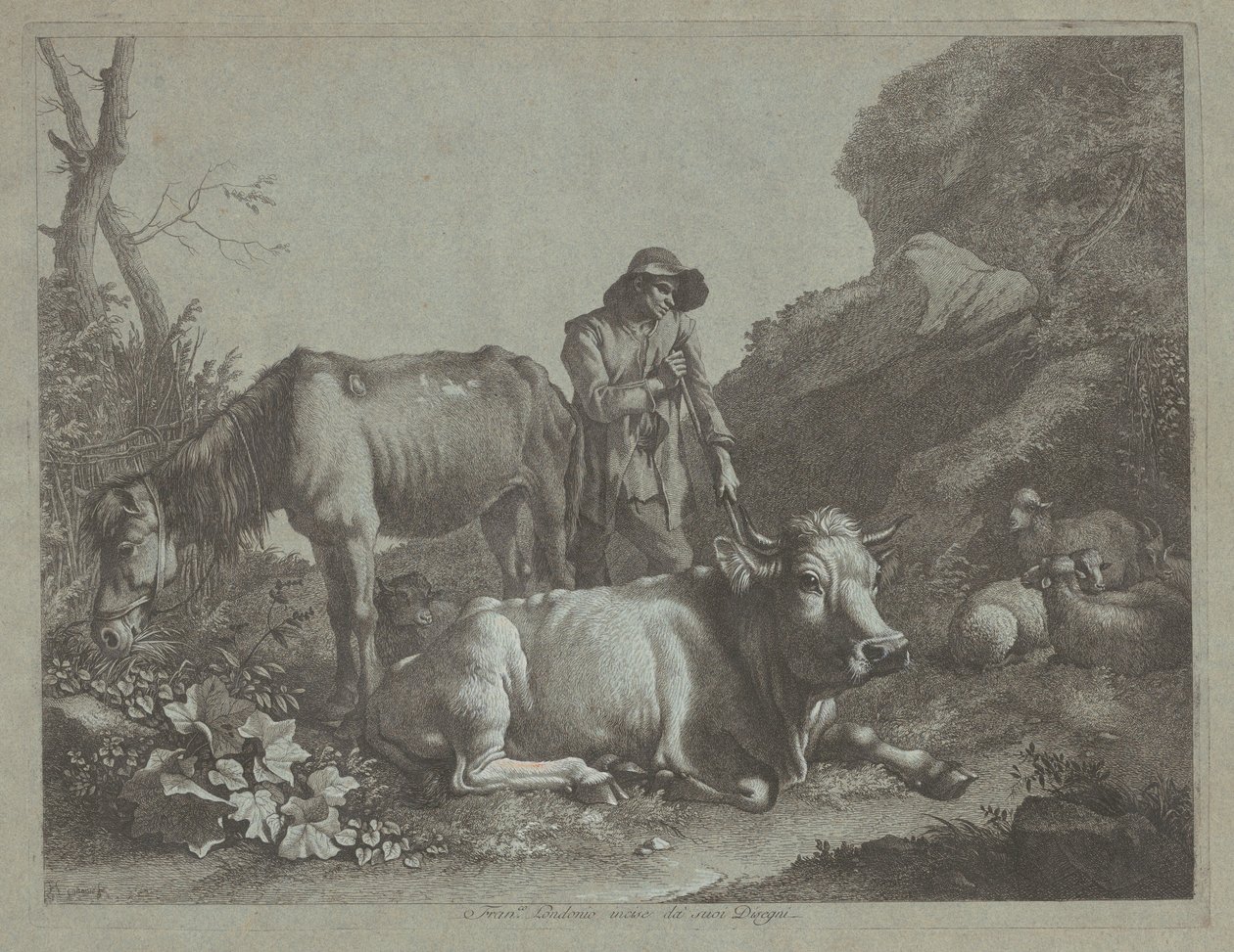 Shepherd Resting on a Walking Stick with an Old Horse and a Reclining Bull by Francesco Londonio