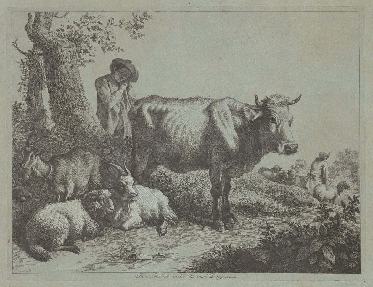 Standing Cow and a Shepherd Boy with Flock by Francesco Londonio