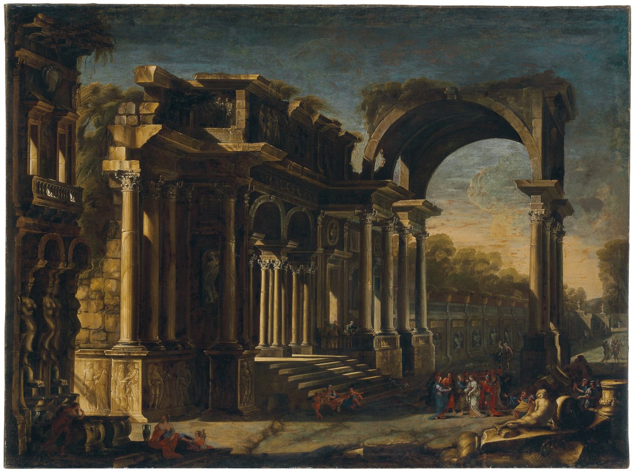 Capriccio with Roman Ruins and Christ with the Woman Taken in Adultery by Francesco Maglioli