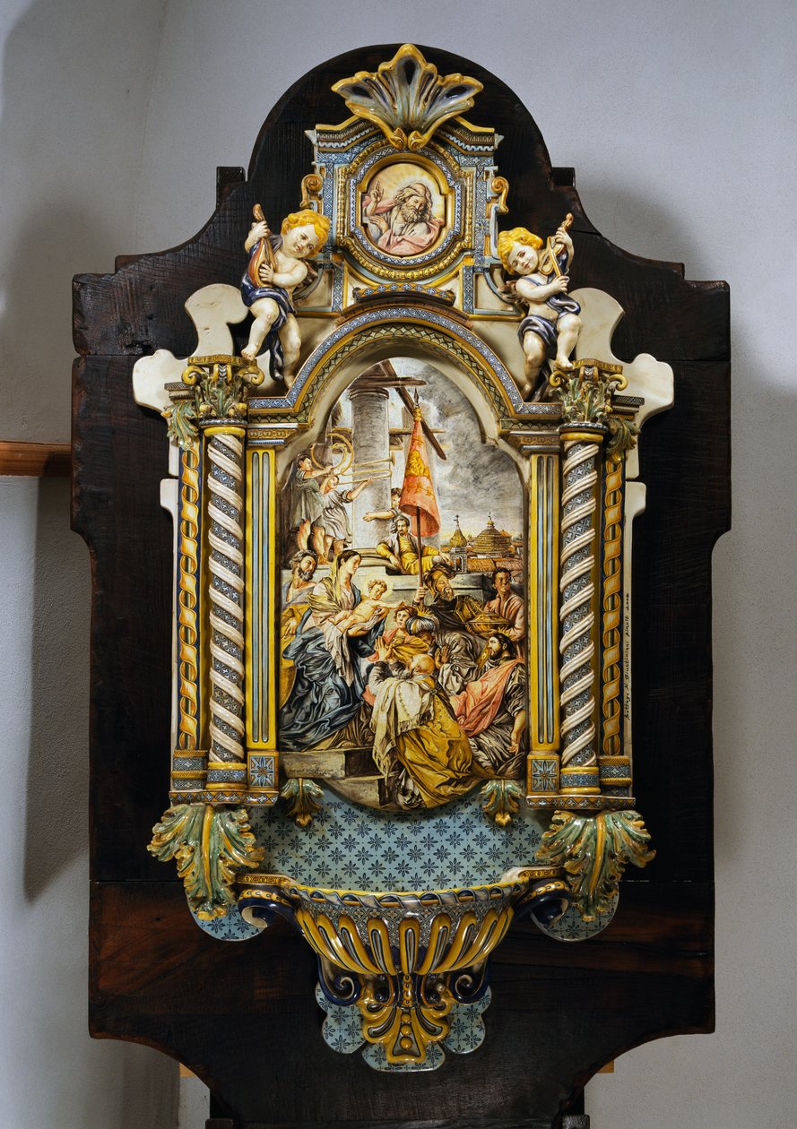 Large Holy Water Font in Painted Majolica with Central Scene from Painting Adoration of the Magi by Francesco Solimena by Francesco Solimena