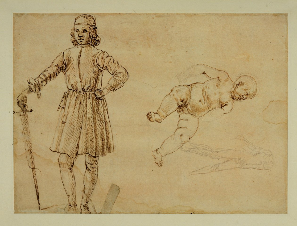 A Child Sitting; Standing Man Holding a Sword by Francesco di Simone (attr. to)
