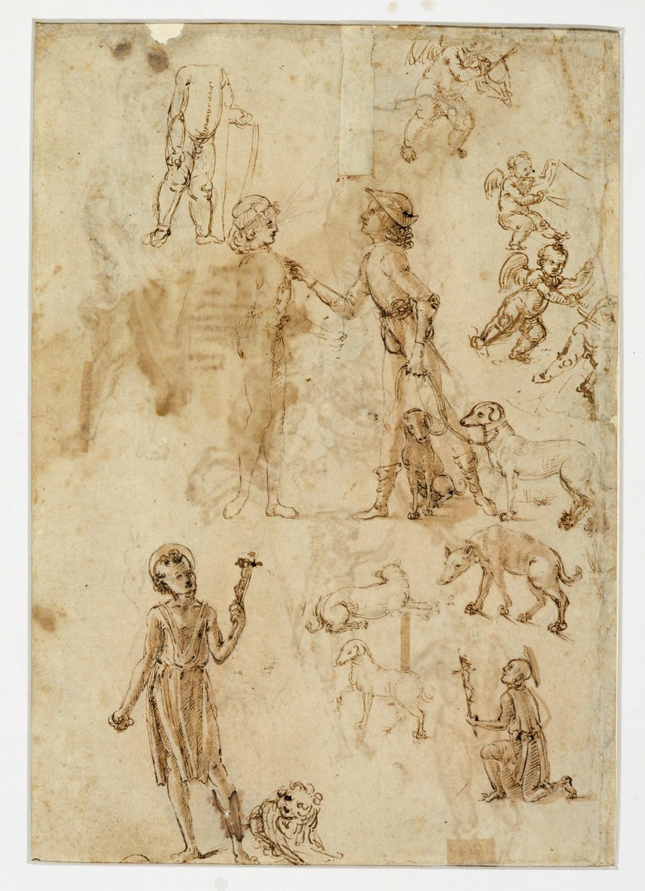 Two Men in Conversation, One Holding Dogs on a Leash by Francesco di Simone (attr. to)