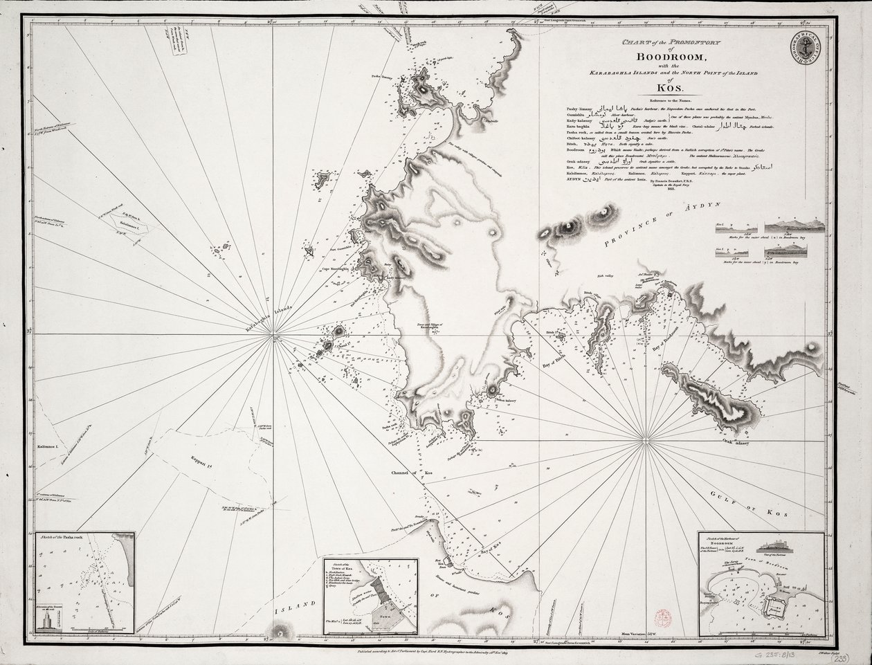 Chart of the Promontory of Boodroom with the Karabaghla Islands and the North Point of the Island of Kos ... by Francis Beaufort F.R.S. ... 1811 by Francis Beaufort