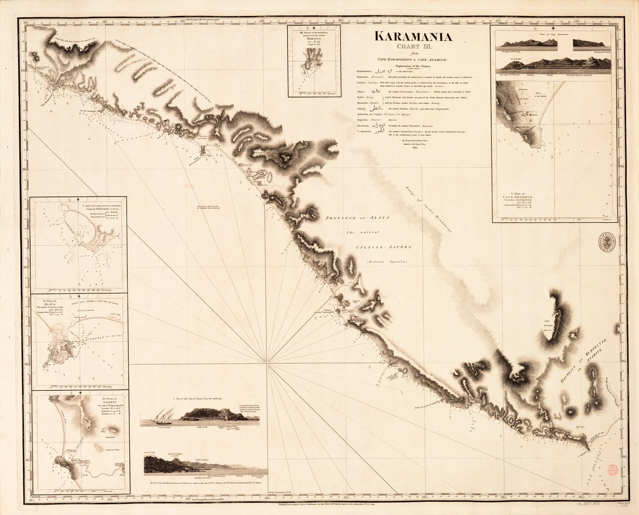Karamania Chart III from Cape Karaboornoo to Cape Anamour by Francis Beaufort
