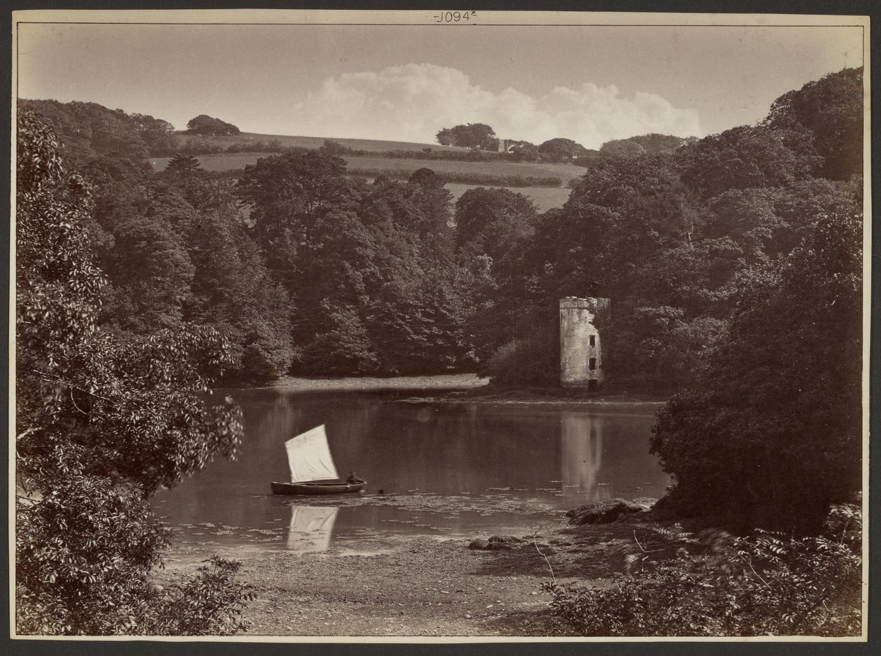 [Boat on a lake beside a castle] by Francis Bedford