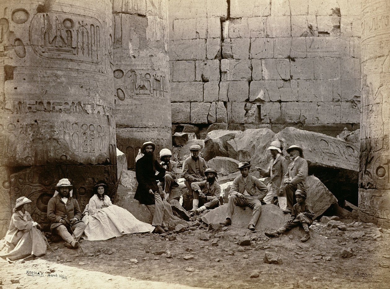 Group Photograph in the Hall of Columns, Karnak, Thebes by Francis Bedford
