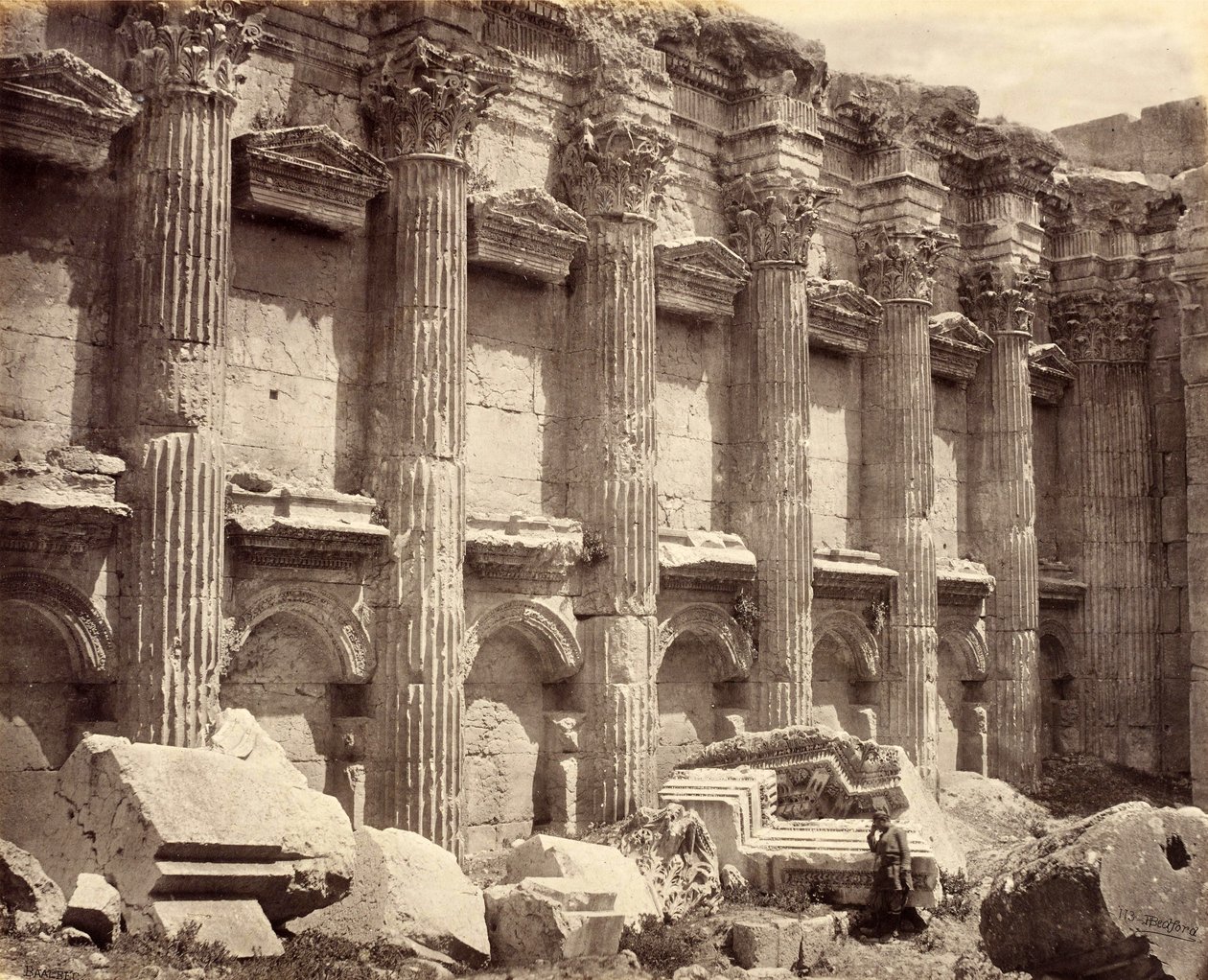 The North Wall of the Interior of the Temple of Jupiter, Showing the Fluted Columns, Baalbek by Francis Bedford