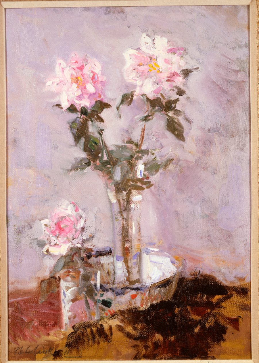 Pink Roses in a Glass Vase by Francis Campbell Boileau Cadell
