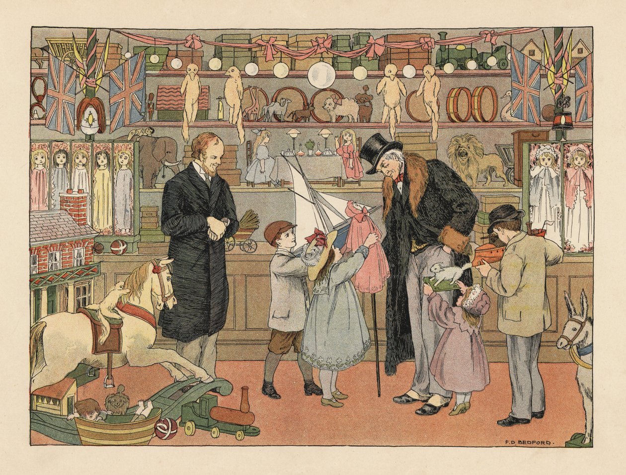 Victorian children choosing toys with their uncle in a toy store ...