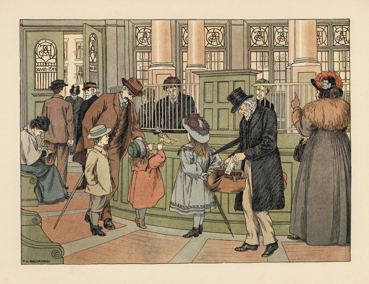 Victorian family at a bank withdrawing money from a teller with bank slips. Chromolithograph after an illustration by Francis Donkin Bedford from Edward Verrall Lucas