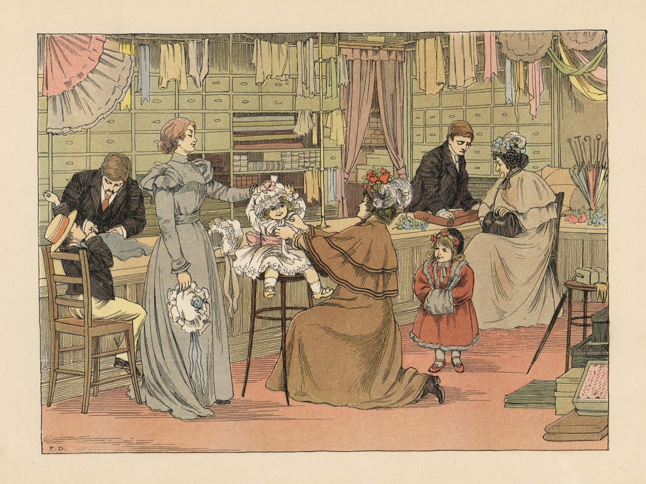 Victorian mothers and children trying on bonnets at the milliners. Chromolithograph after an illustration by Francis Donkin Bedford from Edward Verrall Lucas