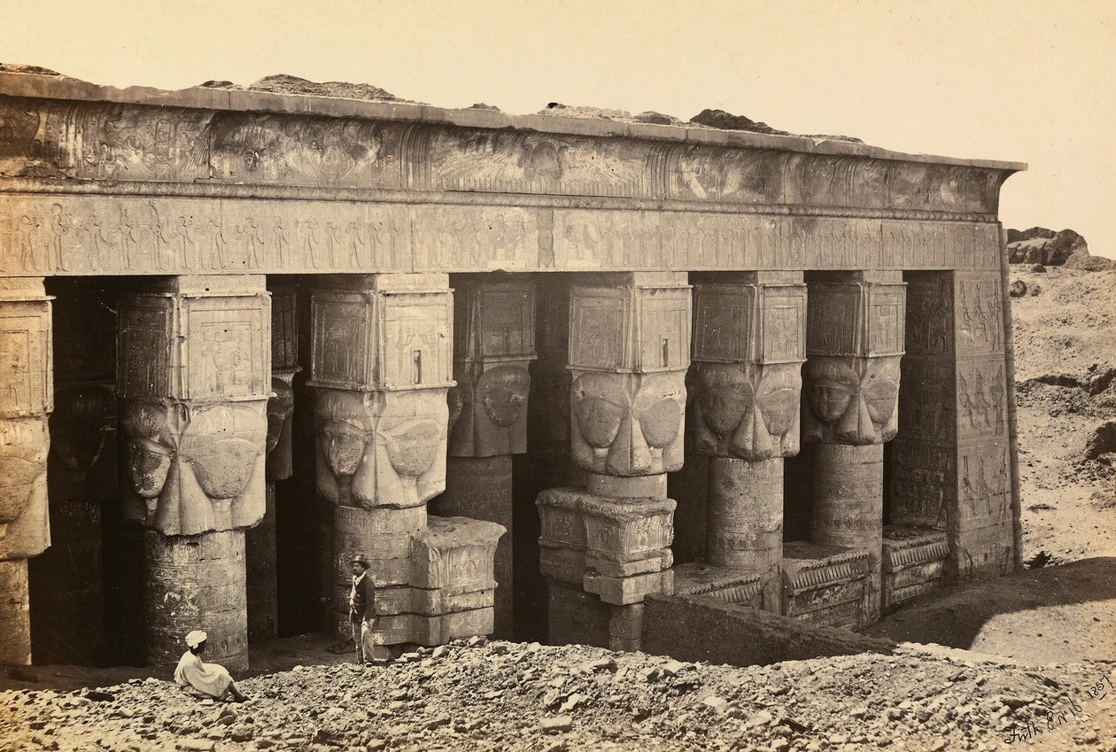 Facade of the pronaos of the Roman-era temple dedicated to the goddess Hathor at Dandara, Upper Egypt by Francis Frith
