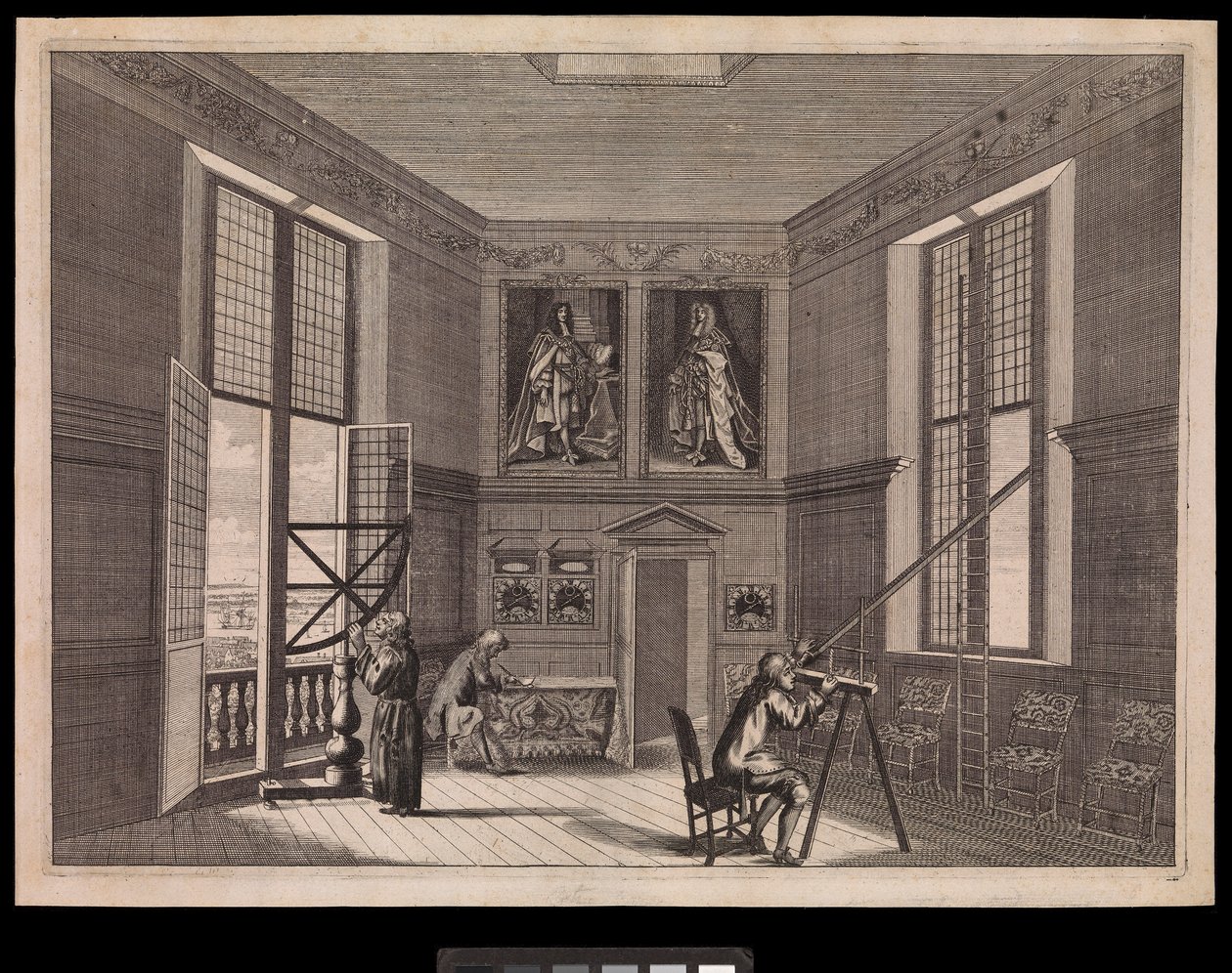 Three figures using astronomical equipment in the Great Star Room or the Octagon Room, as it is known today, at the Royal Observatory., c.1676 by Francis Place