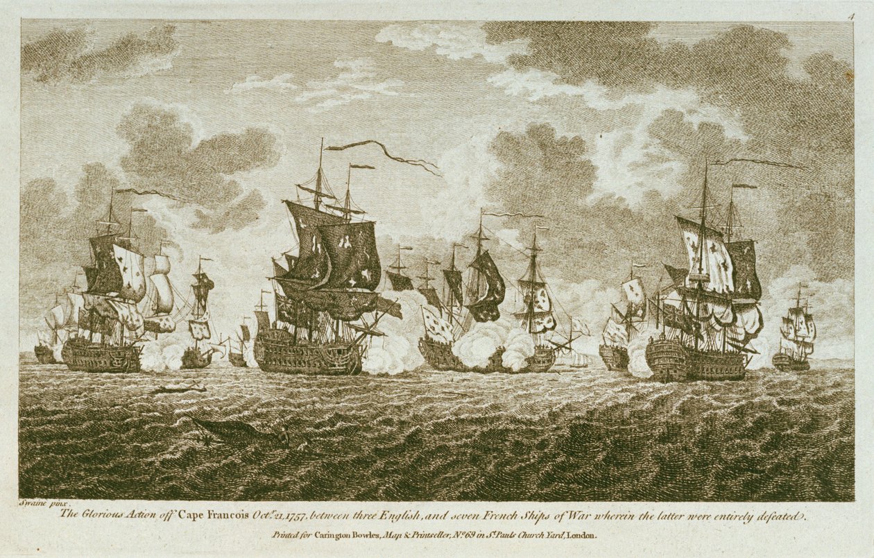 Twelve Prints of Sea Engagements. The Glorious Action off Cape Francois Octr 21 1757, between the English, and seven French ships of War wherin the latter were entirely defeated. by Francis Swaine