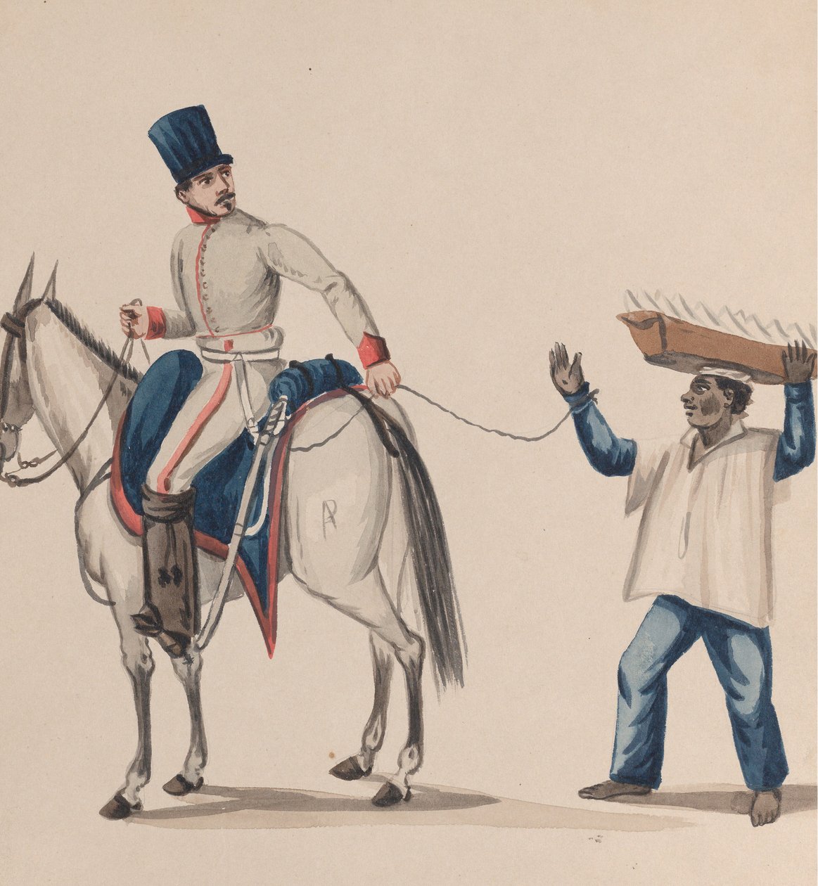 A Soldier on Horseback Holding a Rope that Secures an Indigenous Slave Balancing a Plate by Francisco