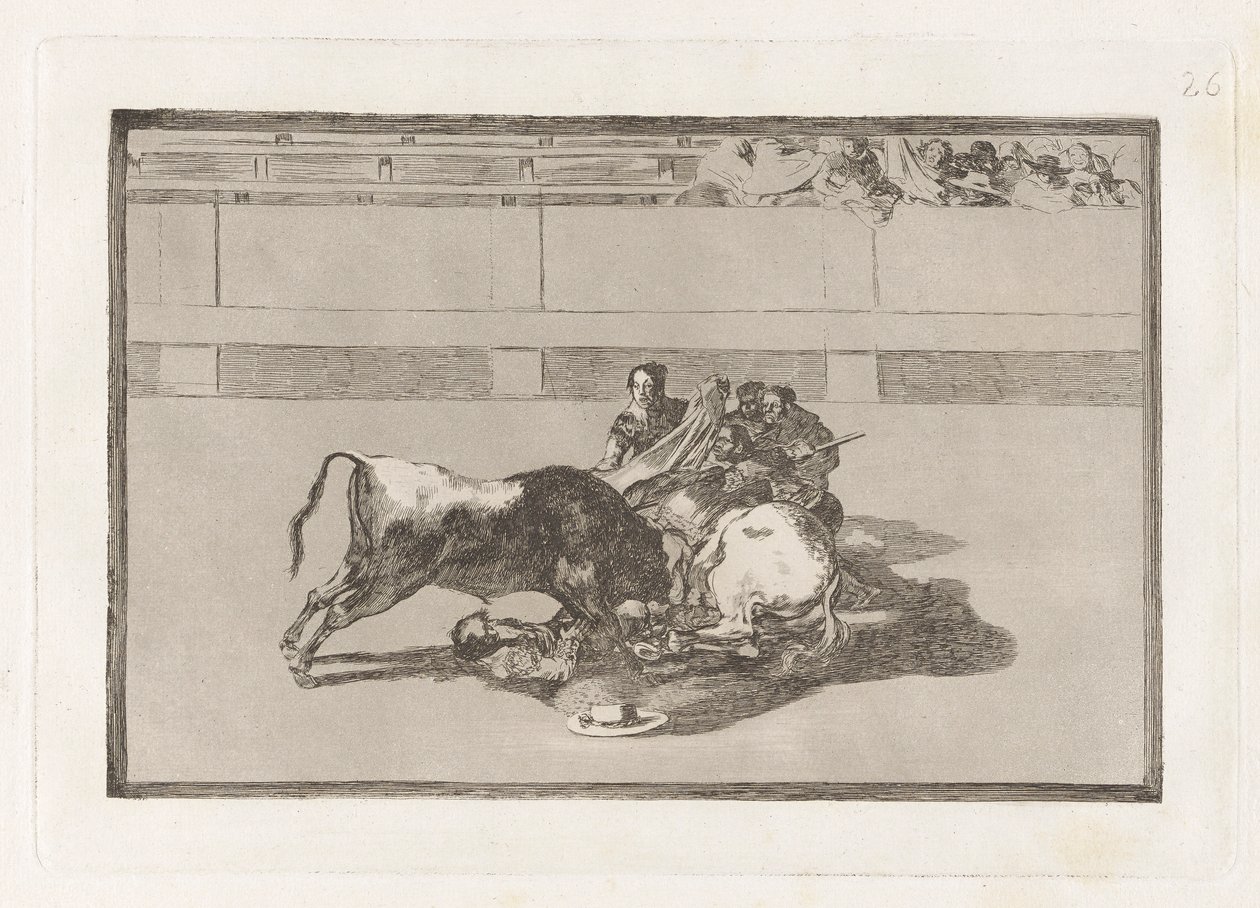 A Picador is Unhorsed and Falls Under the Bull, Plate 26 from La Tauromaquia by Francisco de Goya