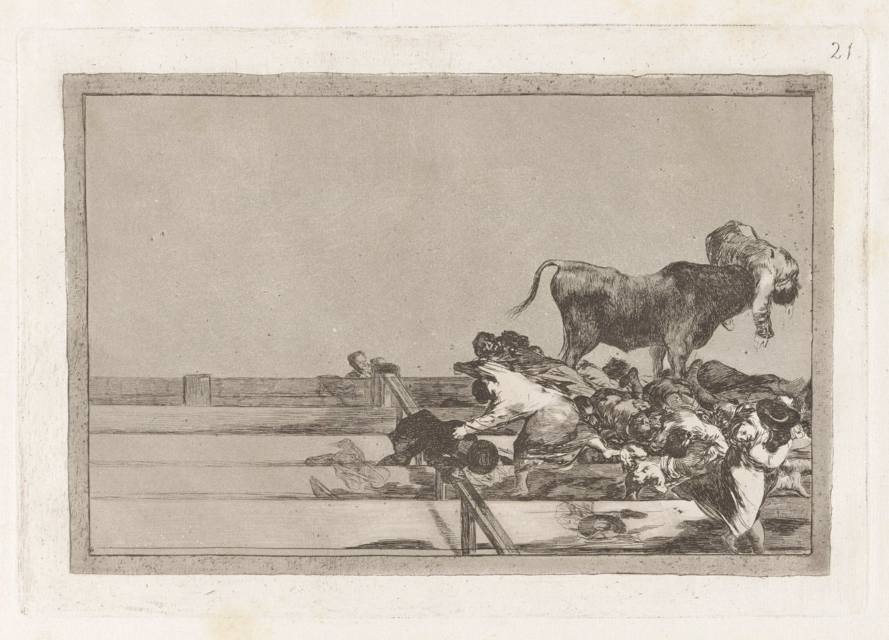 Dreadful Events in the Front Rows of the Ring at Madrid and Death of the Mayor of Torrejon, Plate 21 from La tauromaquia by Francisco de Goya