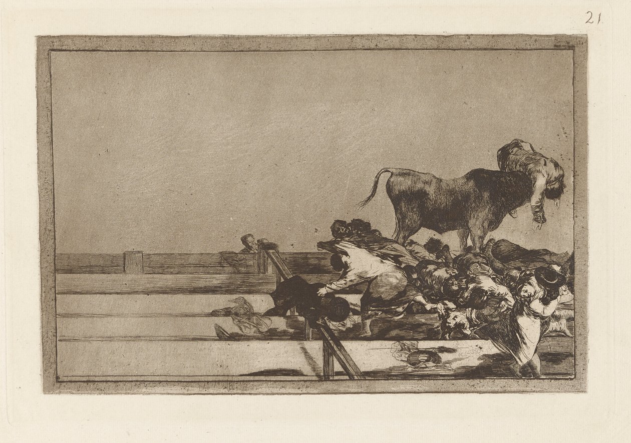 Dreadful Events in the Front Rows of the Ring at Madrid and Death of the Mayor of Torrejón, Plate 21 from La Tauromaquia by Francisco de Goya