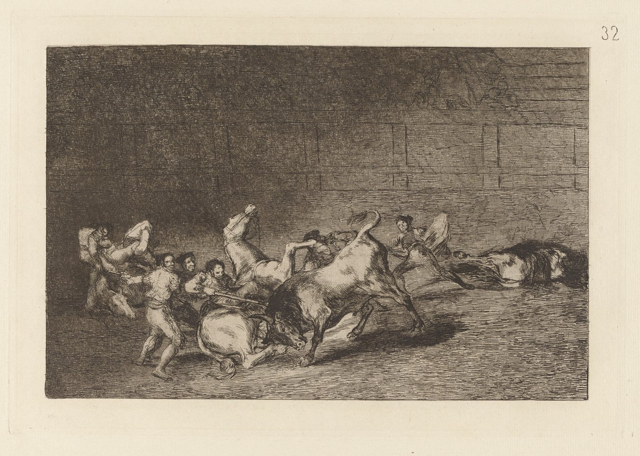 Two Teams of Picadors Thrown One After the Other by a Single Bull, Plate 32 from La tauromaquia by Francisco de Goya