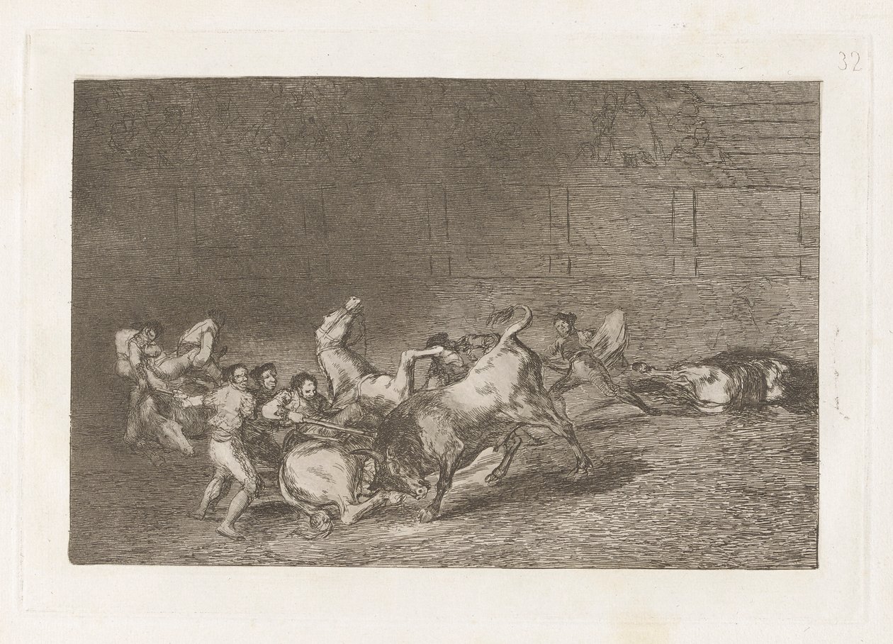 Two Teams of Picadors Thrown One After the Other by a Single Bull, Plate 32 from La tauromaquia by Francisco de Goya