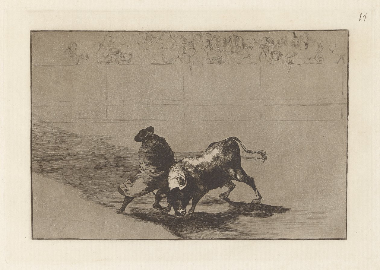 The Very Skillful Student of Falces, Wrapped in His Cape, Tricks the Bull with the Play of His Body, Plate 14 from La Tauromaquia by Francisco de Goya