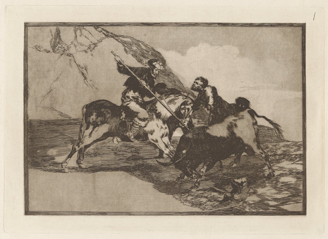 The Way in which the Ancient Spaniards Hunted Bulls on Horseback in the Open Country, Plate 1 from La tauromaquia by Francisco de Goya