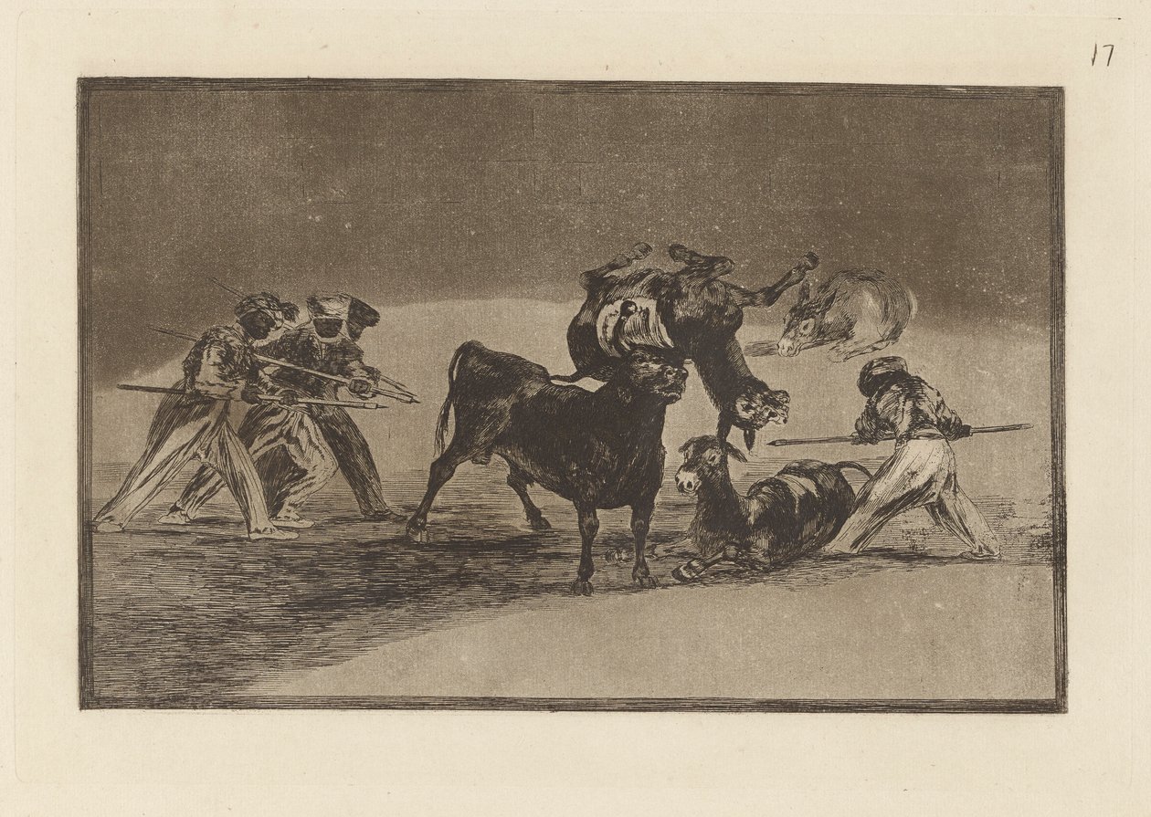 The Moors Use Donkeys as a Barrier to Defend Themselves Against the Bull Whose Horns Have Been Tipped with Balls, Plate 17 from La tauromaquia by Francisco de Goya