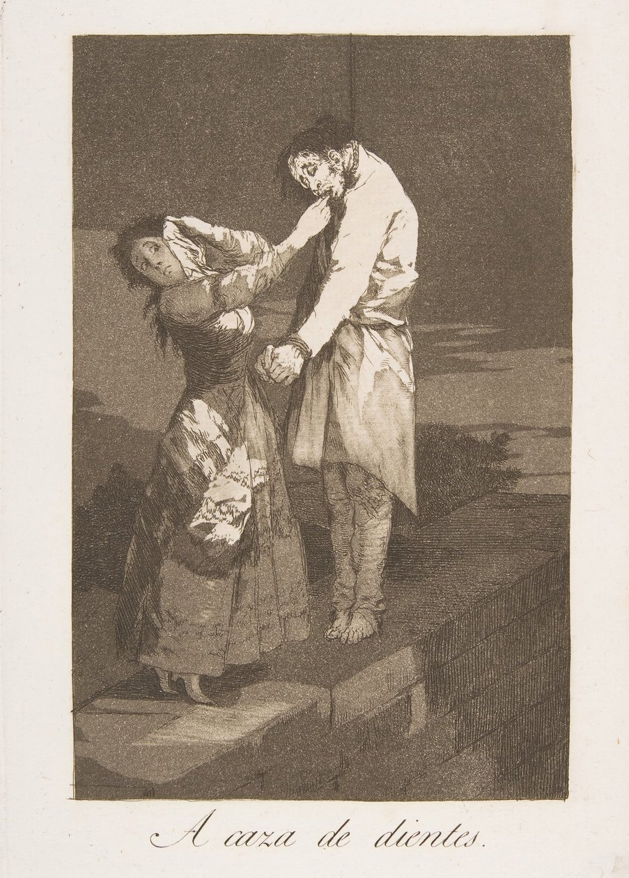Plate 12 from Los Caprichos: Out Hunting for Teeth by Francisco de Goya
