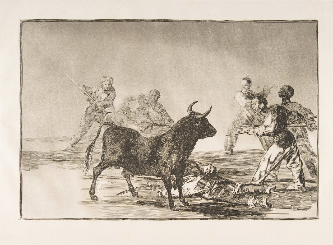 Plate 12 from the Tauromaquia: The Crowd Hamstrings the Bull with Lances, Sickles, Banderillas, 1816 by Francisco de Goya