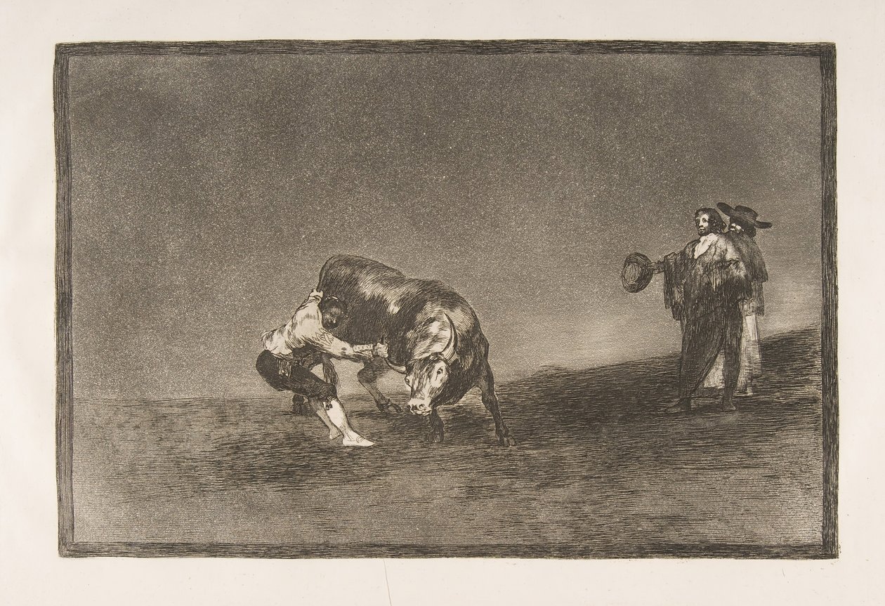 Plate 16 of the Tauromaquia: The same man throws a bull in the ring at Madrid by Francisco de Goya
