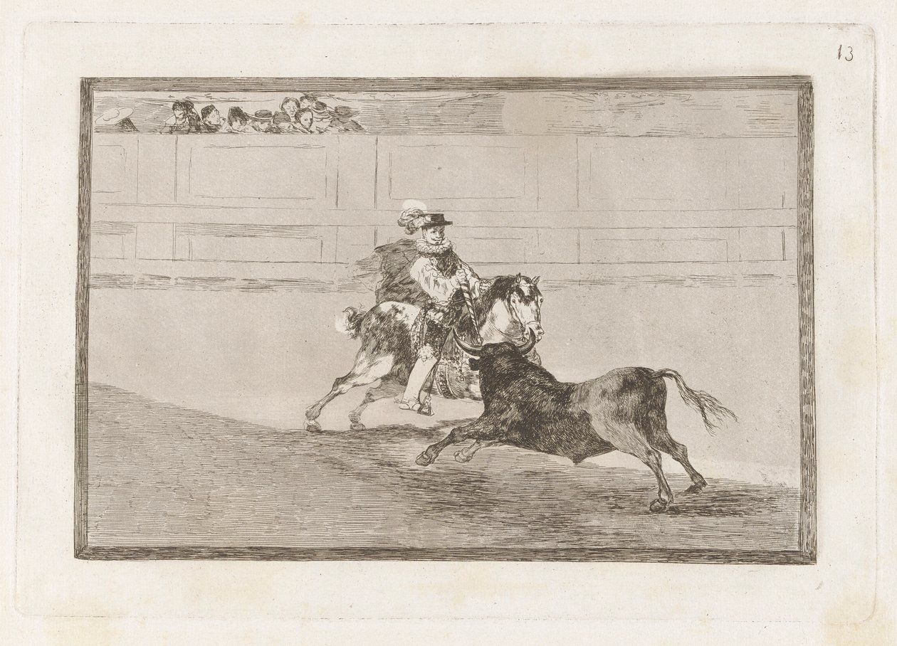 A Spanish Mounted Knight in the Ring Breaking Short Spears Without the Help of Assistants, Plate 13 from La tauromaquia by Francisco de Goya