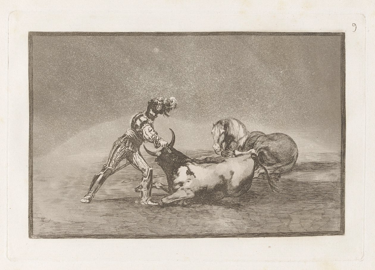 A Spanish Knight Kills the Bull after Having Lost his Horse, Plate 9 from La tauromaquia by Francisco de Goya