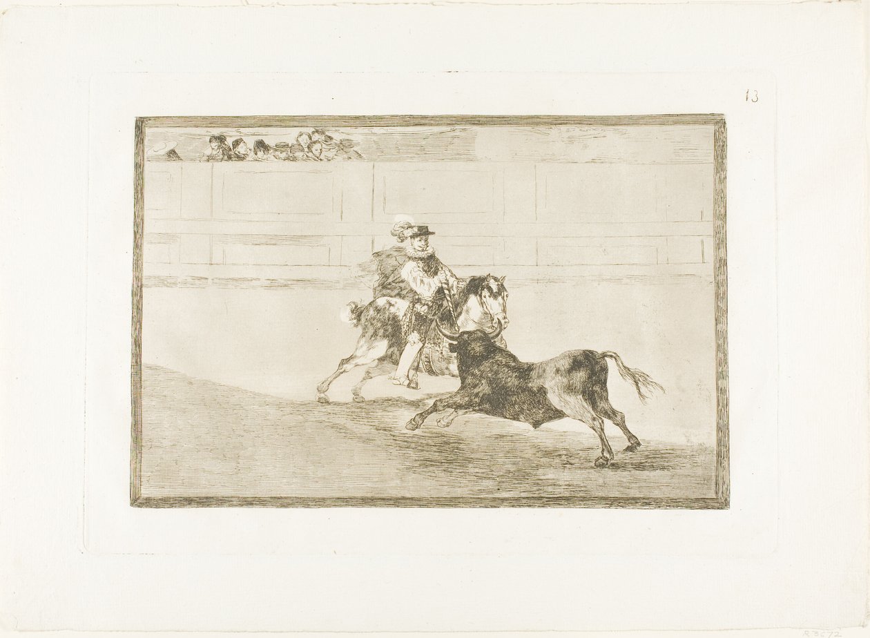 A Spanish mounted knight in the ring breaking short spears without the help of assistants, plate 13 from The Art of Bullfighting by Francisco Jose de Goya y Lucientes