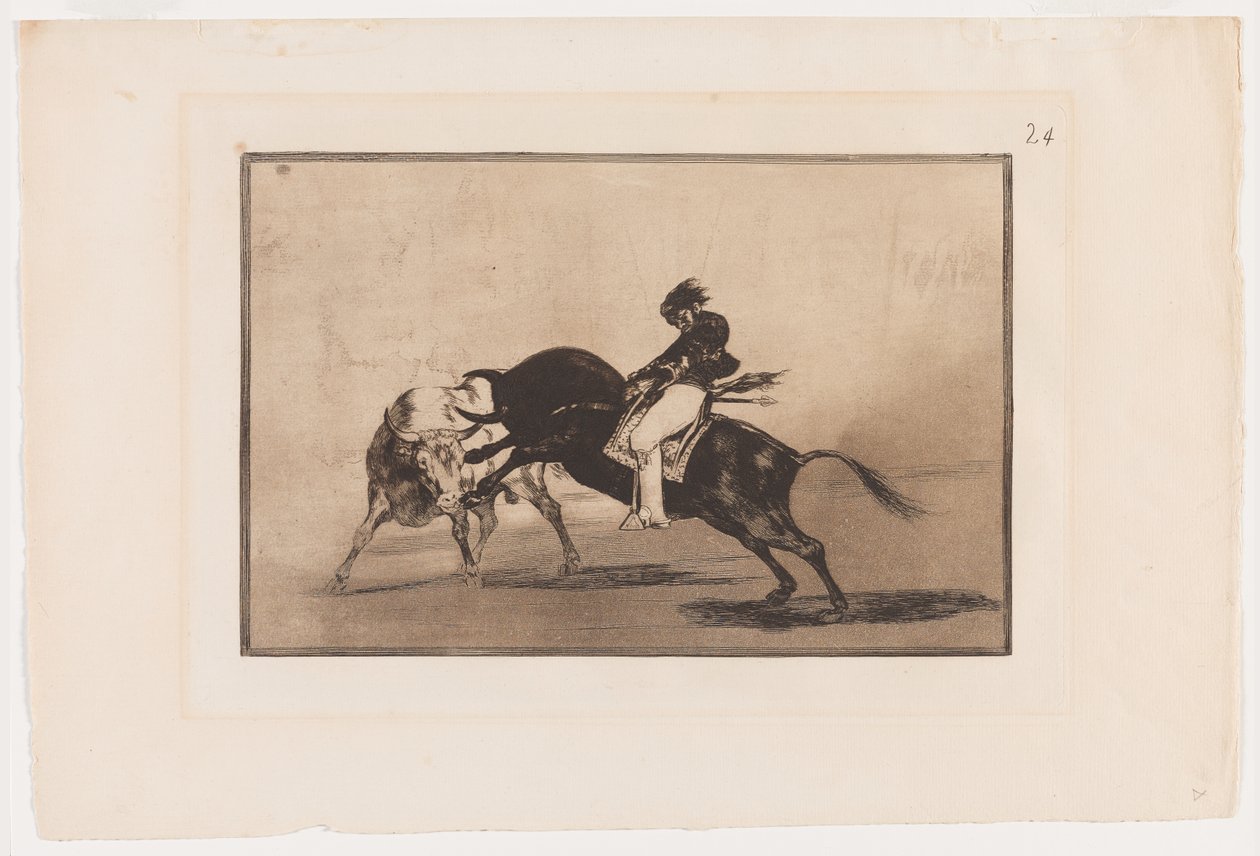 Plate 24 from La Tauromaquia: The Same Ceballos Mounted on Another Bull Breaks Short Spears in the Ring at Madrid by Francisco Jose de Goya y Lucientes