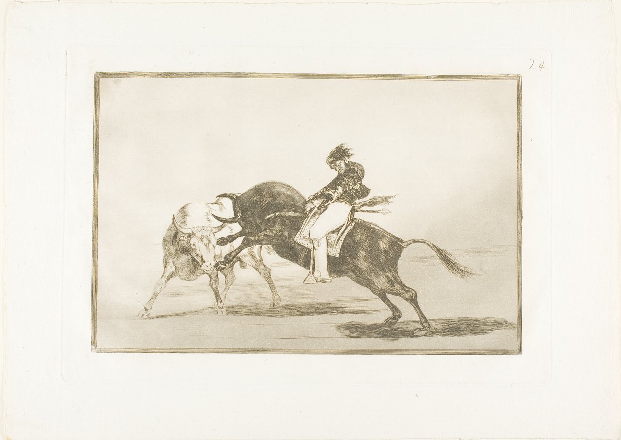 The Same Ceballos, Mounted on Another Bull, Breaks Short Spears in the Ring at Madrid, Plate 24 from The Art of Bullfighting by Francisco Jose de Goya y Lucientes