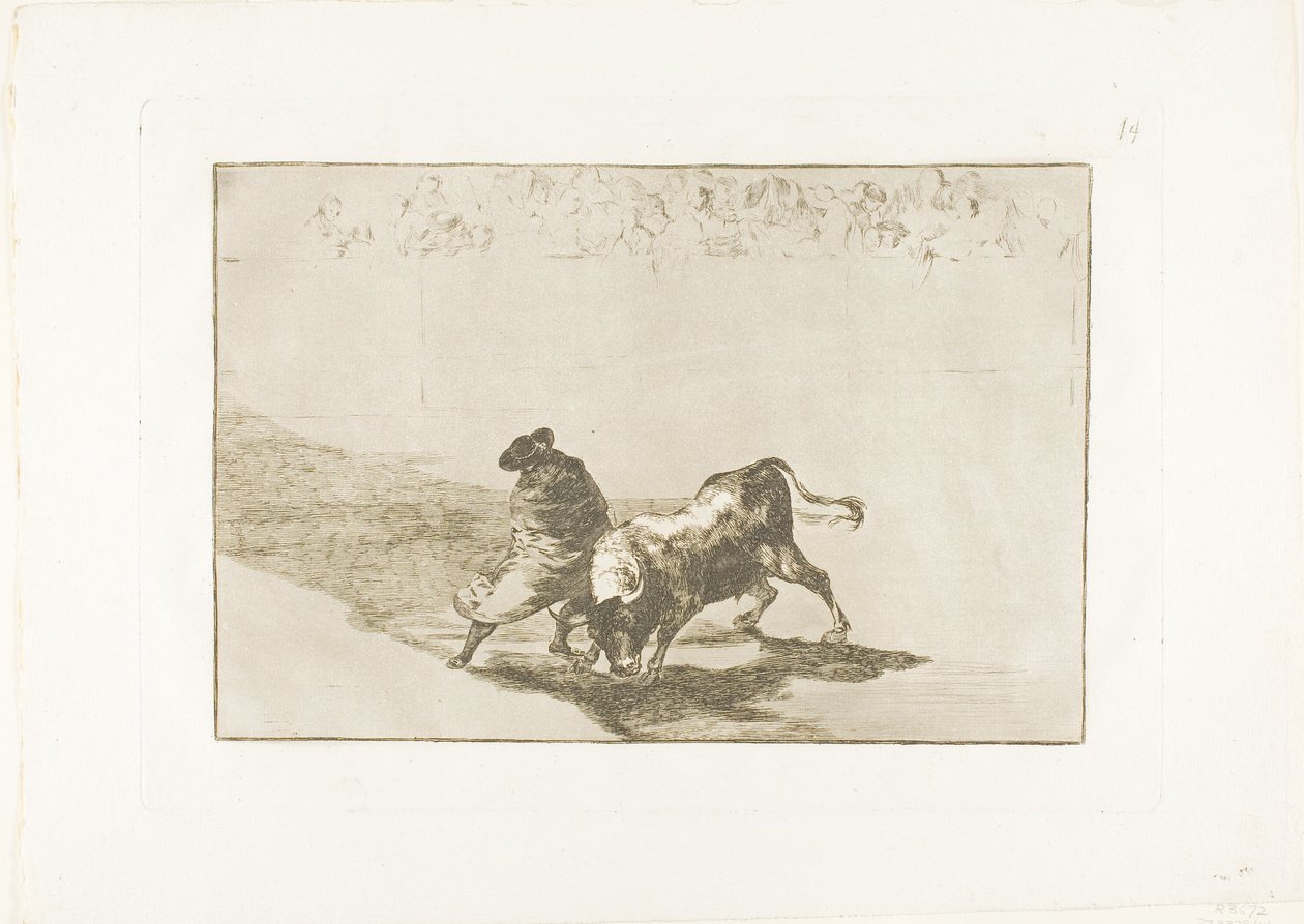 The Very Skilful Student of Falces, Wrapped in his Cape, Tricks the Bull with the Play of his Body, plate 14 from The Art of Bullfighting by Francisco Jose de Goya y Lucientes