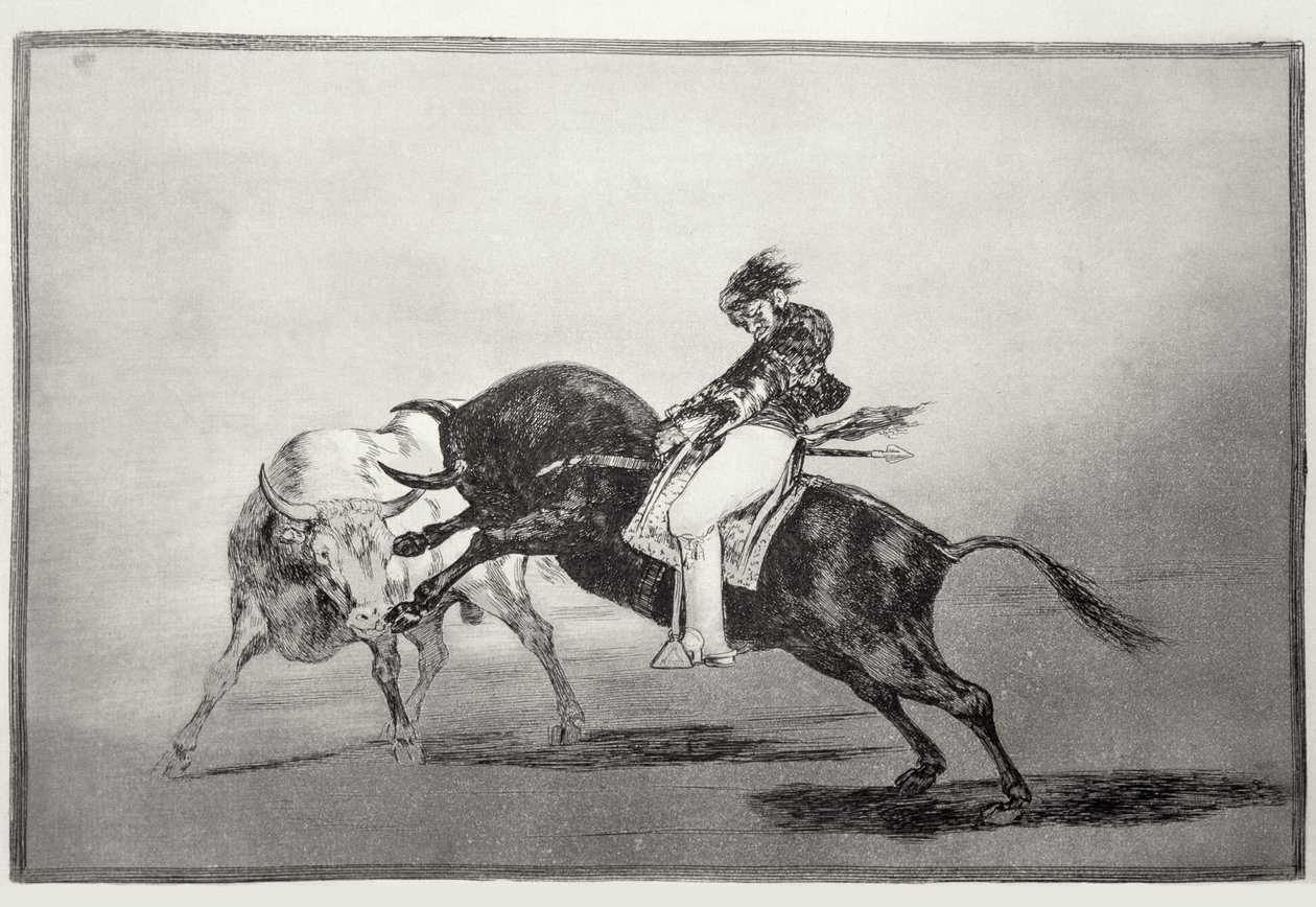 The same Mariano Ceballos, mounted on a bull, breaks short spears in the ring at Madrid, plate 24 of 