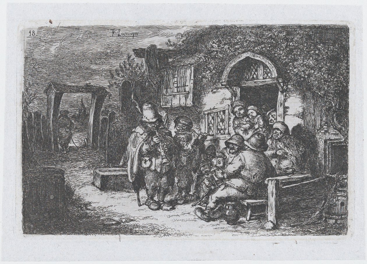 Plate 18: street musicians and other figures outside a tavern, from the series of customs by Francisco Lameyer Berenguer