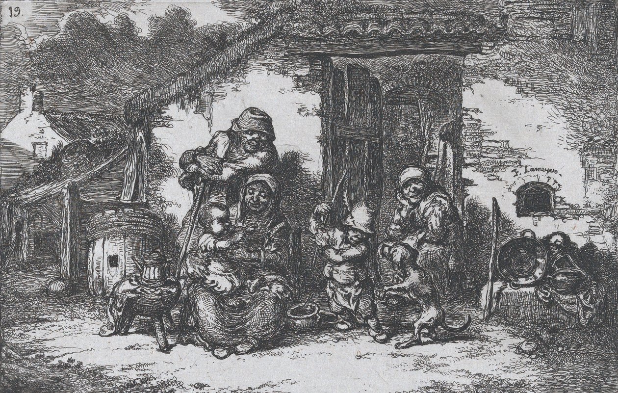 Plate 19: a family and a boy playing with a dog outside a house, from the series of customs, 1850 by Francisco Lameyer Berenguer