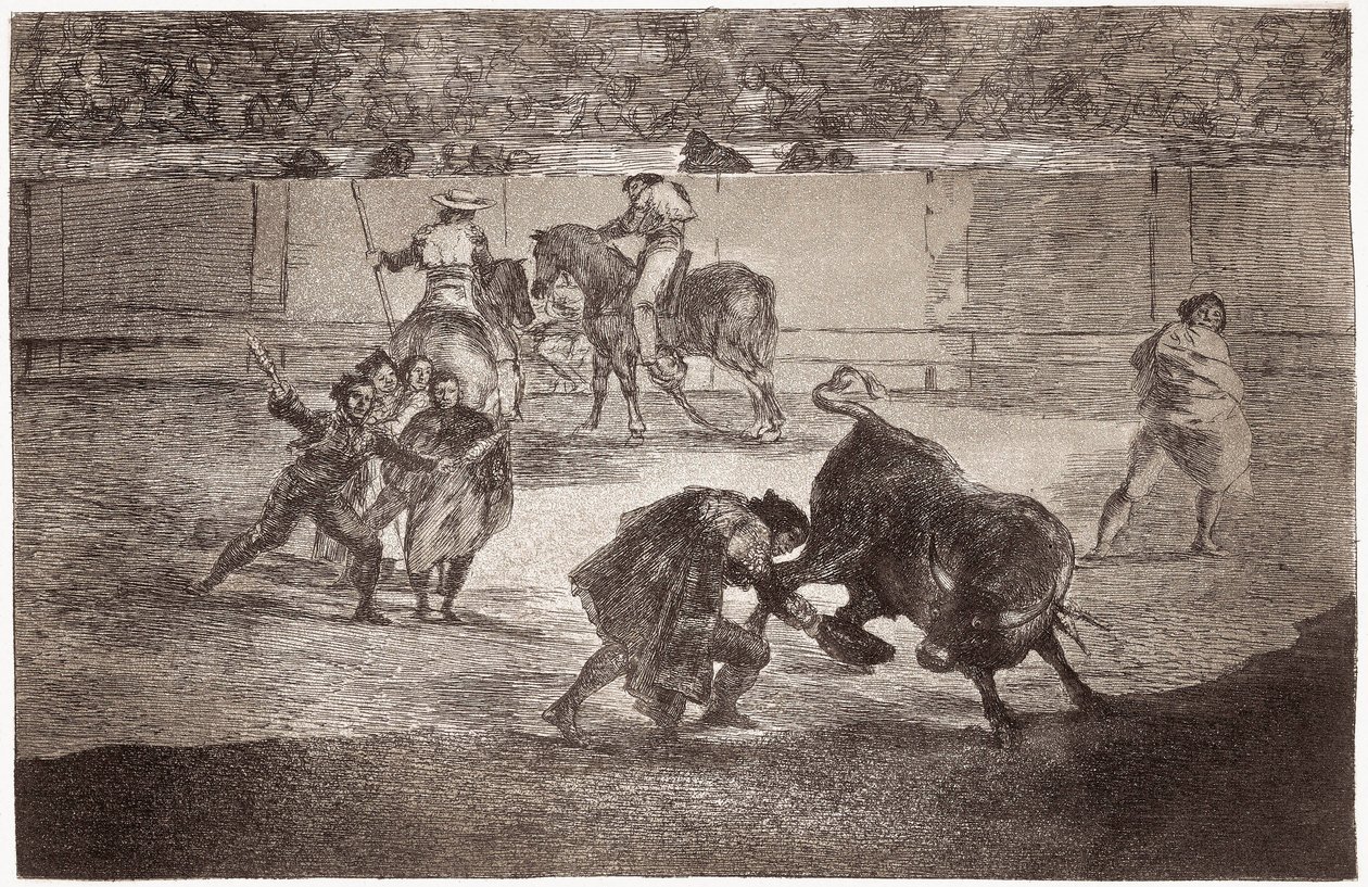 Bullfighting: a bullfighter enters the arena to kill the bull with a hat instead of the muleta by Francisco de Goya