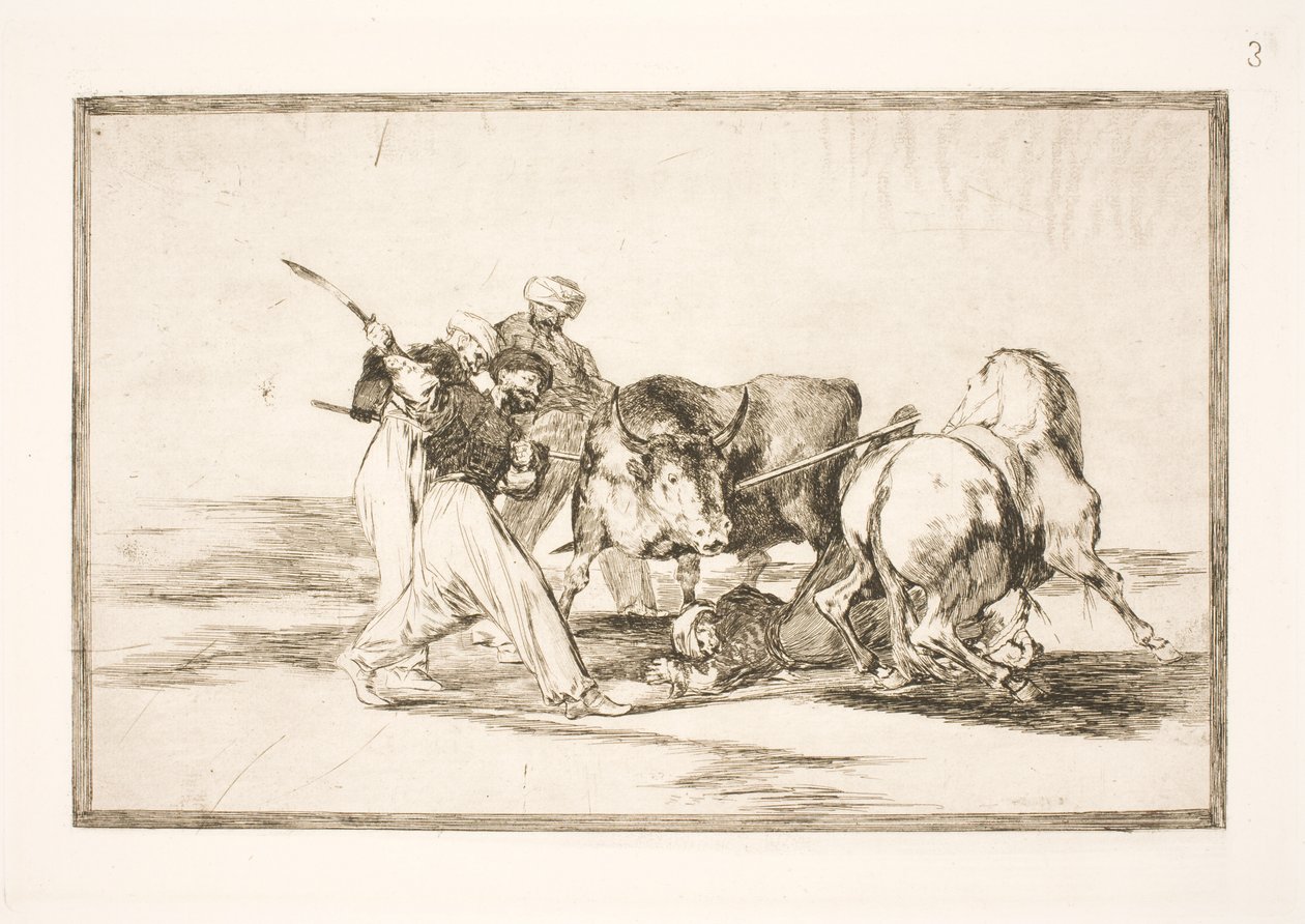 The Moors Who Settled in Spain and Abandoned the Superstitions of the Koran, Acquired the Art of Hunting and Spearing a Bull on the Plain by Francisco de Goya