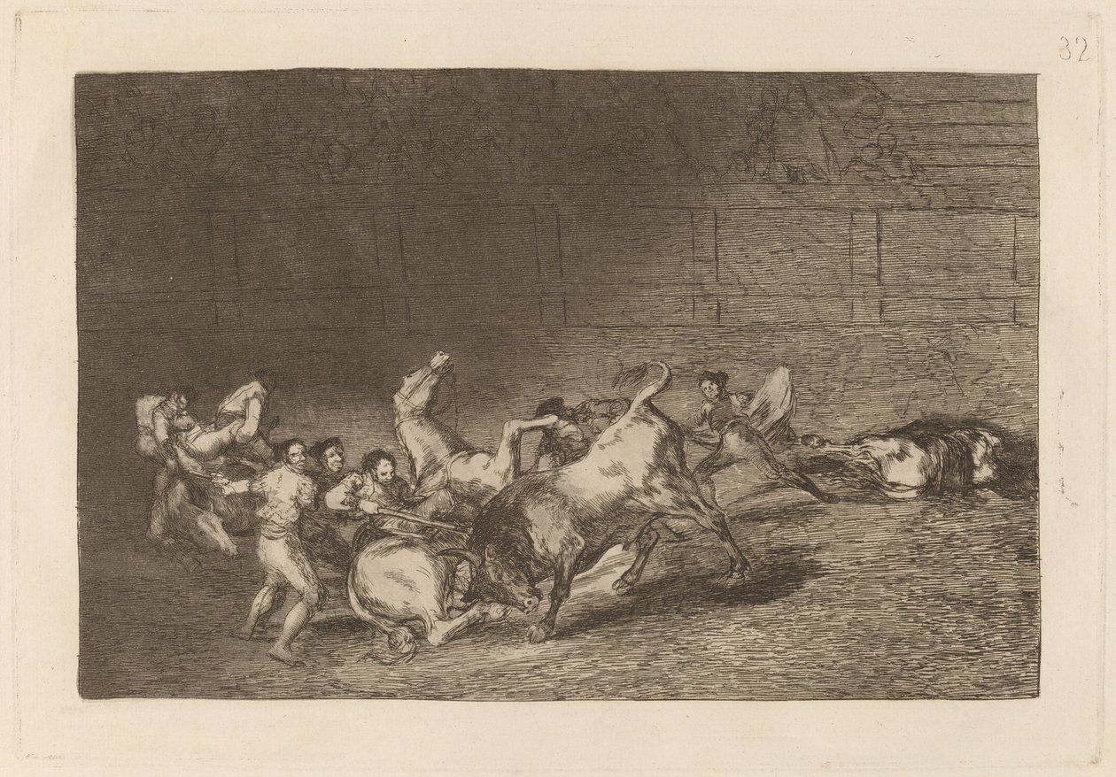 Two Teams of Picadors Thrown One after the Other by a Single Bull by Francisco de Goya