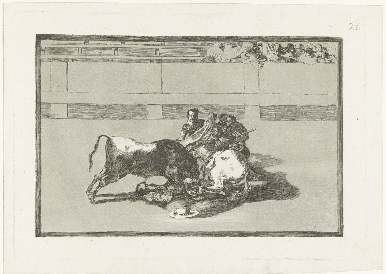 A Picador is Knocked Off His Horse and Lies Under the Bull (La Tauromaquia) by Francisco de Goya