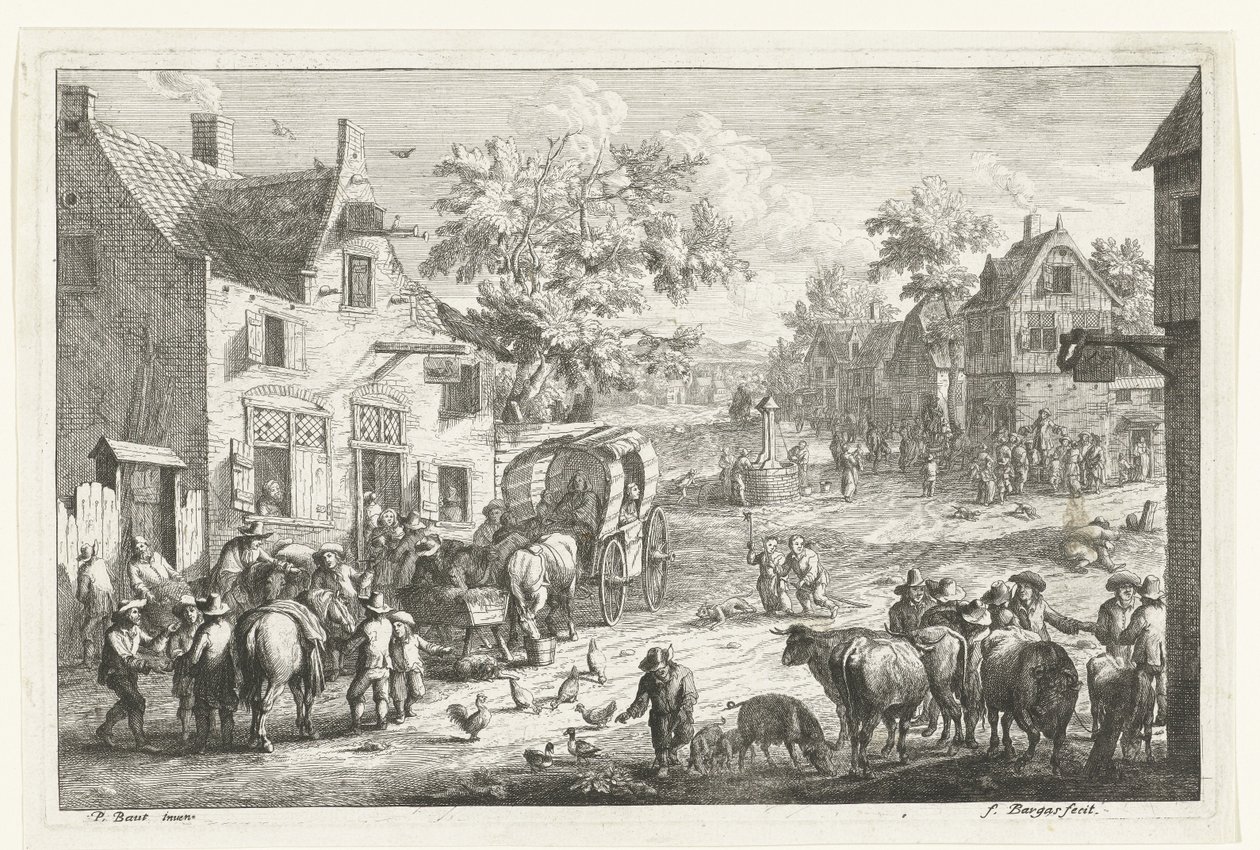 Village Scene with Travelers and Cattle Traders at an Inn by Franciscus de Bargas