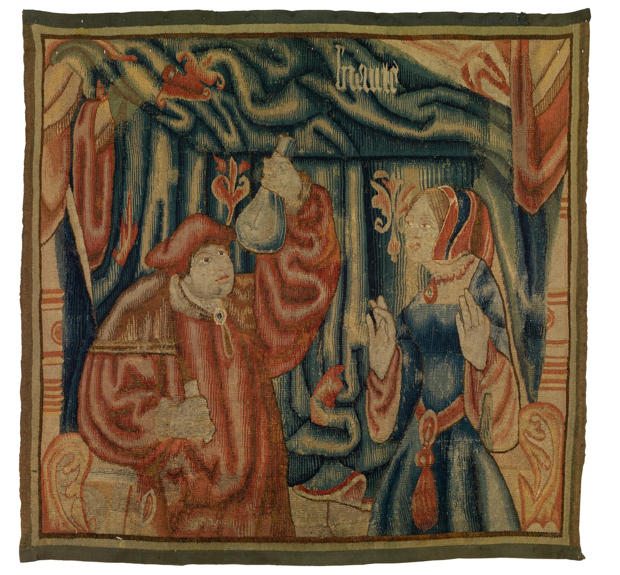 Tapestry fragment depicting an interior with physician and woman by Franco Flemish School