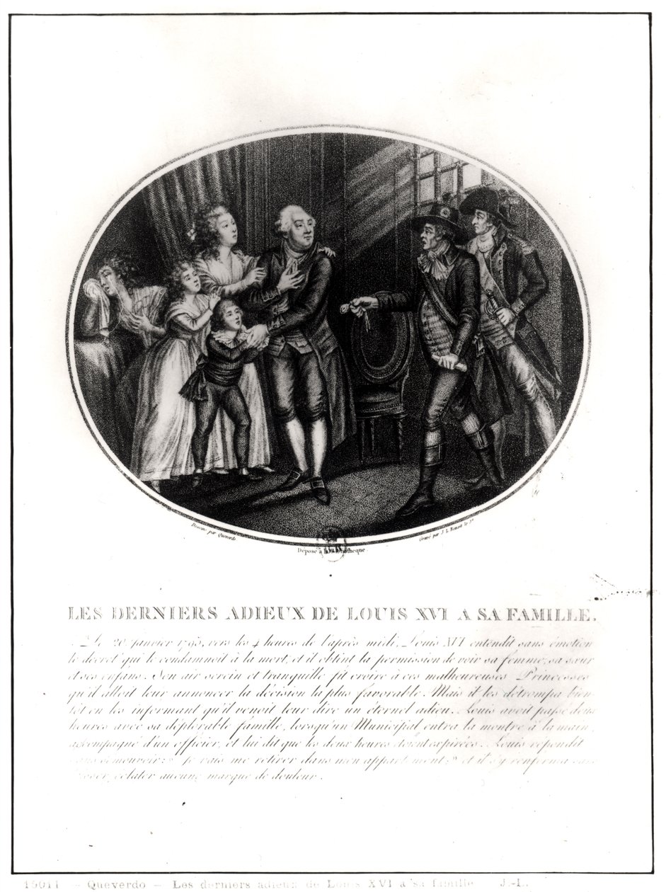 The Last Goodbyes of Louis XVI to his Family, 20th January 1793, engraved by J. L. Benoist by Francois Maria Isidore Queverdo