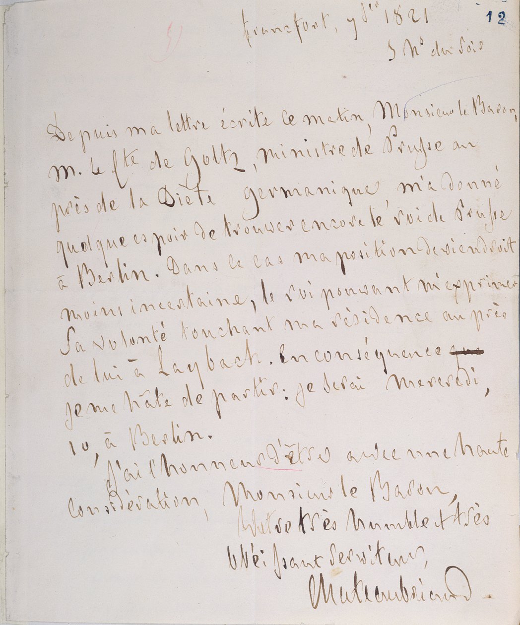 Letter with Signature of the Writer, Written at Frankfurt en Route to Chateaubriand