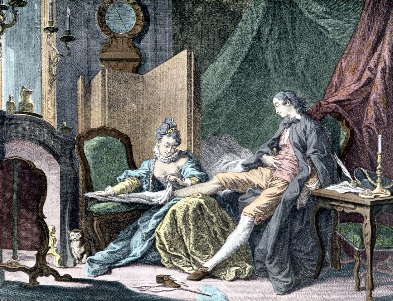 La Courtesan amoureuse: Woman removing the bottom of a man - engraving by ap. Butcher by Francois (after) Boucher